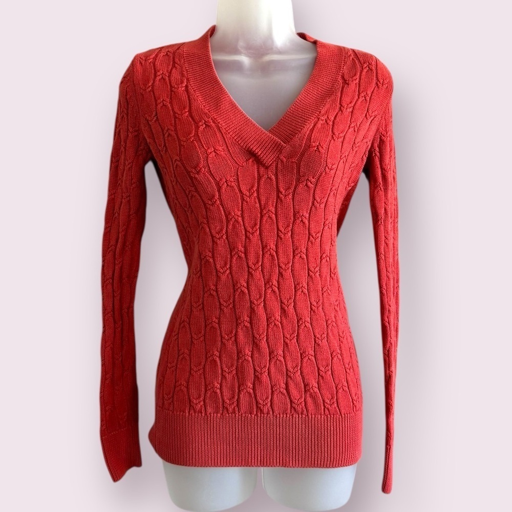 Tommy Hilfiger Red Cable Knit V Neck Sweater Long Sleeve XS